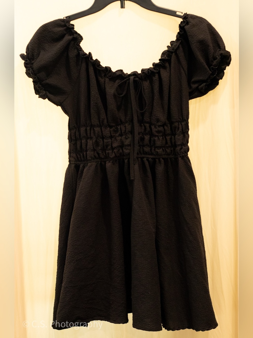 Womens Black Puff Sleeve Smocked Dress
